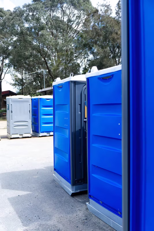 Exterior of a Poles and Holes portable toilet